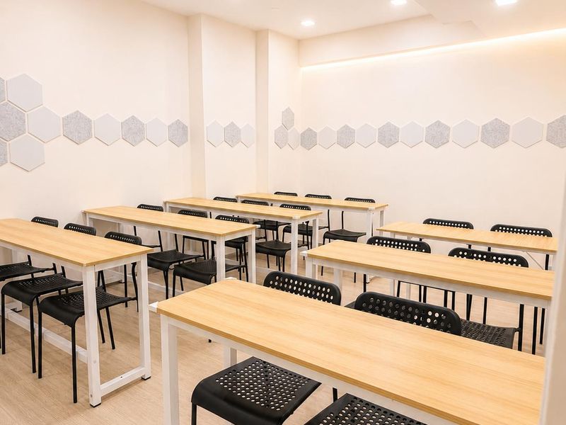 One of our larger classrooms with hexagonal acoustic panels