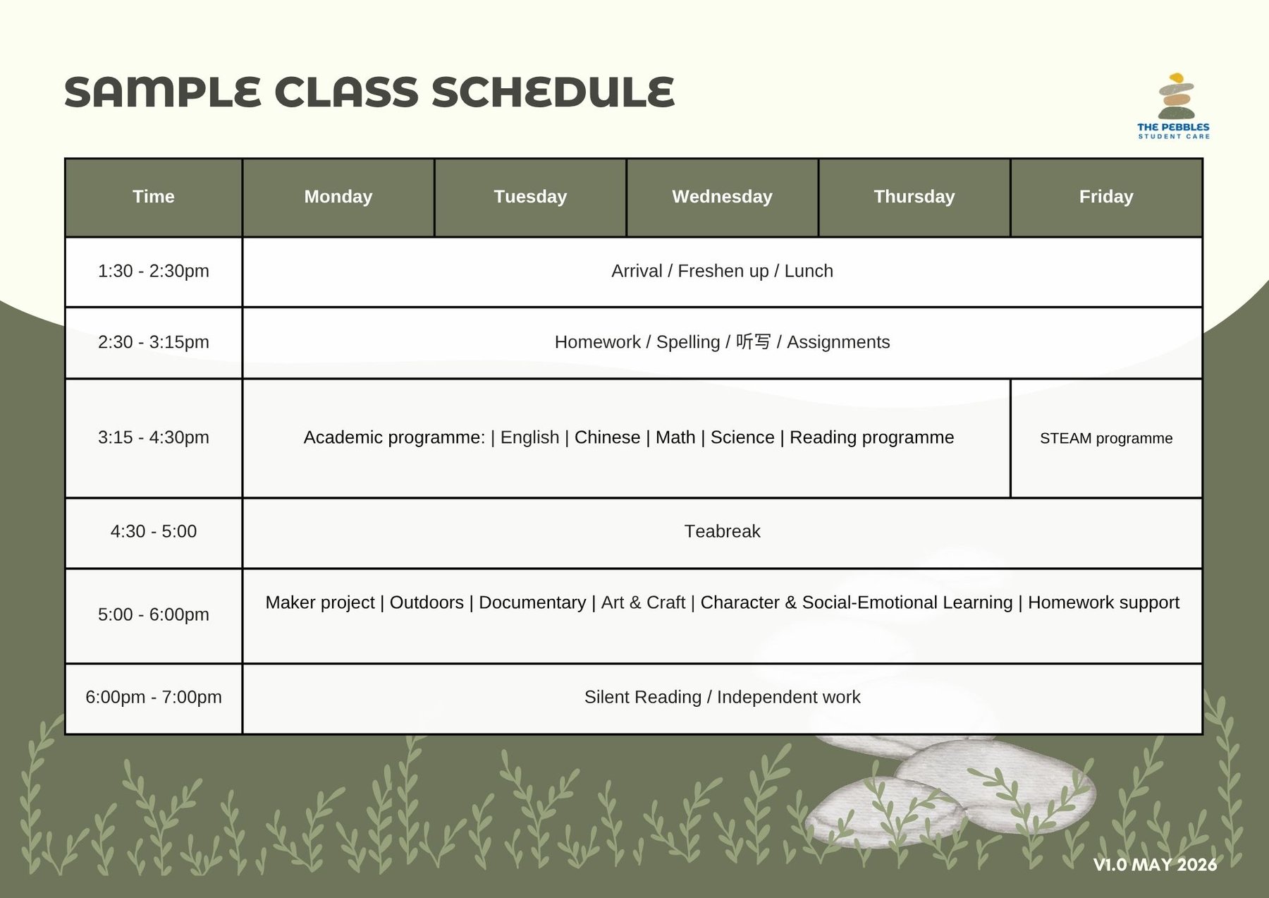 Weekly class timetable poster — uploaded by The Pebbles team