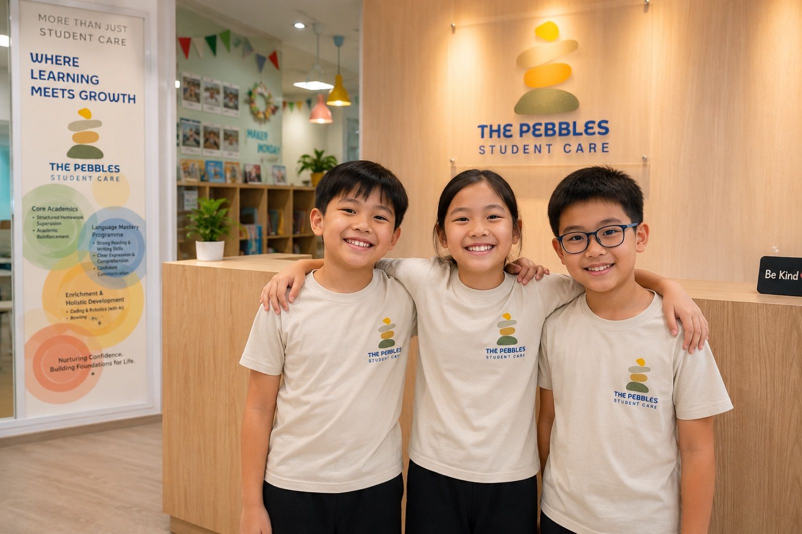 Three Pebbles students at our reception, with the centre's 'Where Learning Meets Growth' banner visible