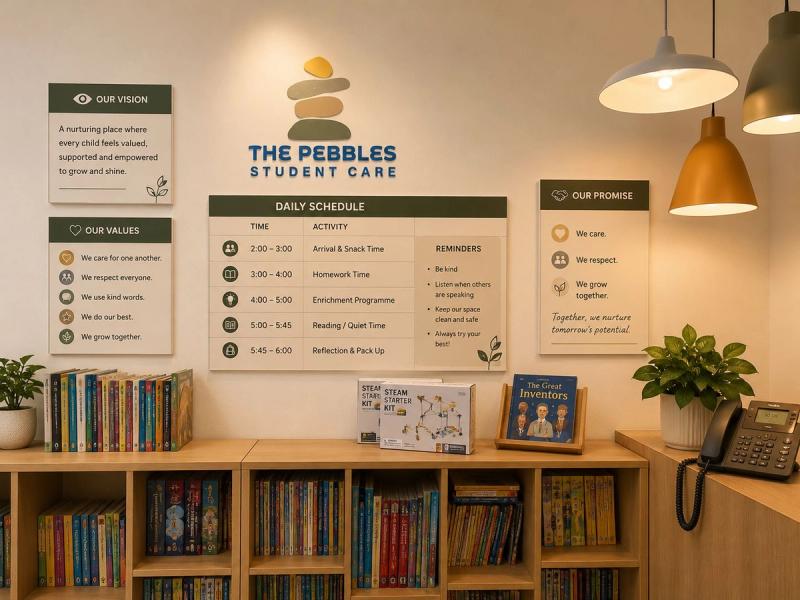 The Pebbles library and maker corner with Strawbees STEAM kits and a reading collection